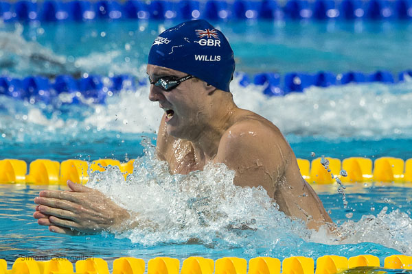 Andrew Willis - in the battle for the 200m breaststroke. pic Simone Castrovillari
